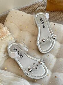 1 Pair 2026 Kids White Crochet Ankle Strap Flat Sandals, Suitable For Summer Vacation Party - Clear - View 3