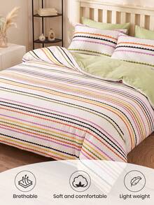Juego de funda nórdica con patrón de rayas de 2/3 piezas, juego de funda de edredón, juego de ropa de cama, acogedor y transpirable, ligero, anti-pilling/lavable a máquina, decoración de habitación, decoración de dormitorio, ropa de cama para dormitorio, para todas las estaciones&verano, se adapta a camas individuales/dobles/queen/king, vuelta al colegio - Multicolor - Ver 5