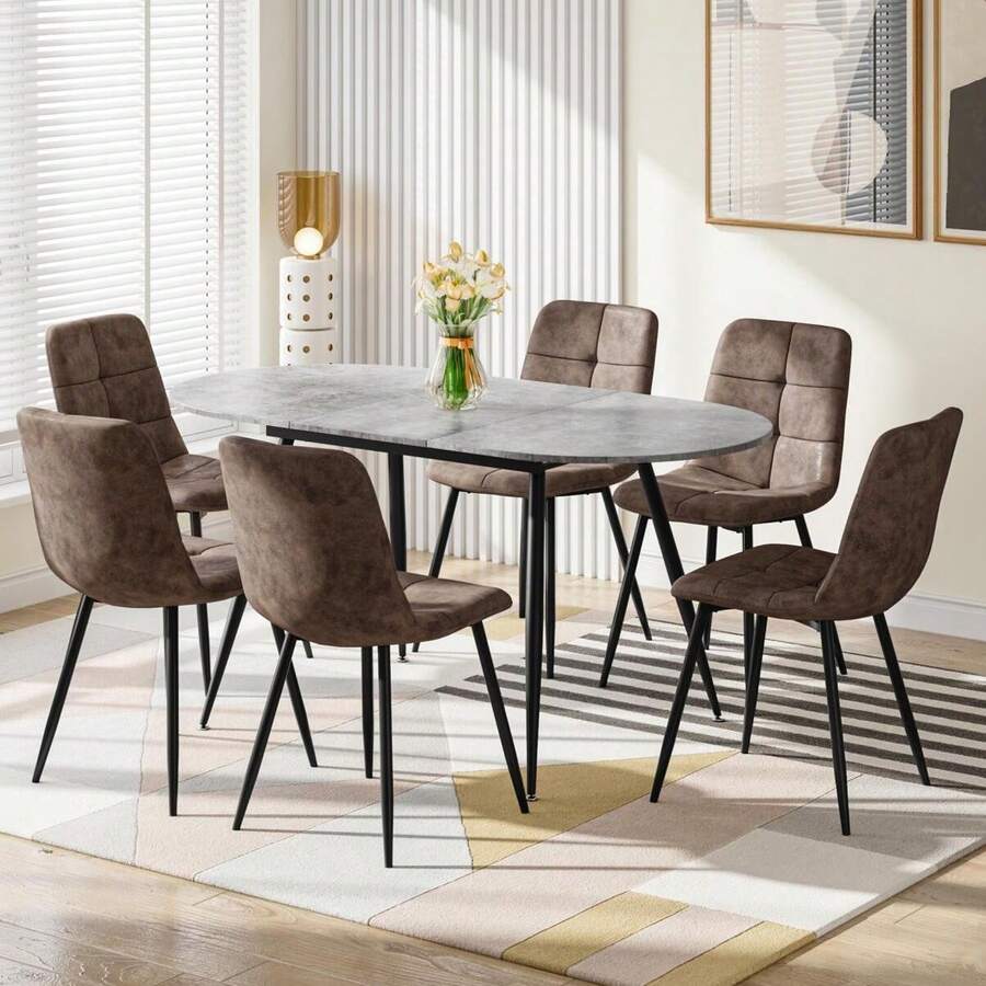 Extendable Dining Table And Chairs Set Of 6, Oval Mable Effect Table With Upholstered Chairs For Dining Room