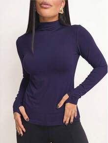 Basic Polyamide Blouse, Long Sleeves With Thumb Loops, High Neck. Second Skin, Plus Size/Slim. - 藏蓝色 - 查看 2