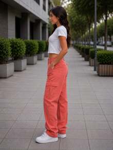 Youth Wide Leg Cargo Pants - Coral - View 2