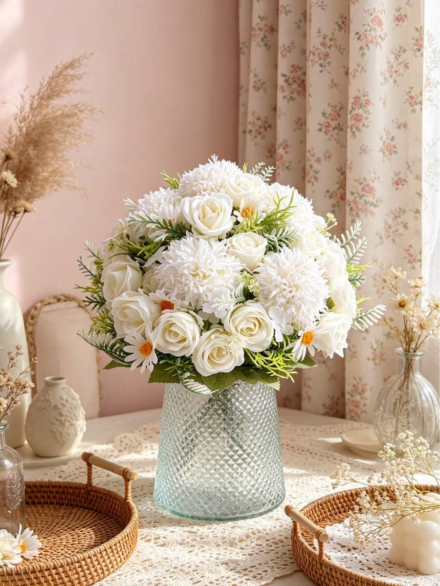 1/3/60pcs Artificial Silk Flowers - Rose, Hydrangea, Faux Flower Bouquet, Suitable For Home, Restaurant, Living Room, Outdoor Garden Decoration, Can Be Used For Wedding, Home Garden And Party Decoration, Artificial Flowers, Autumn Decor - White - View 1