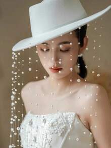 White Felt Wide Brim Fedora Hat With Pearl Tassel Veil, Elegant French Bridal Wedding Hat, Chic Headpiece For Prom Party Bridal Shower Photoshoot - A - 查看 2