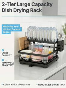 Multifunctional Two-Tier Kitchen Sink Dish Drainer Organizer Rack, Stainless Steel Divided Storage System With Independent Slots For Cutlery, Knives, Plates & Cutting Boards, Space-Saving Large Capacity Modular Countertop Kitchen Storage - Black - View 7