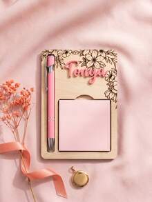 Personalized Custom Wooden Memo Holder With Pen, Desktop Organizer For School/Office/Home, Laser-Engraved Floral Name Sign, Stylish Student Stationery (Gift For Teacher/Student, Perfect For Classroom/Promotion) - Multicolor - View 12