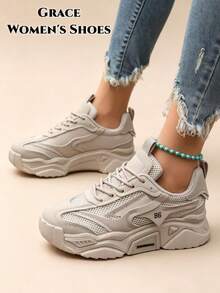 Women's Casual Retro Thick Sole Round Toe Sneakers, Suitable For Outdoor Activities, Mesh Material, Lace-Up Style, Suitable For Spring And Summer - Light Grey - View 1
