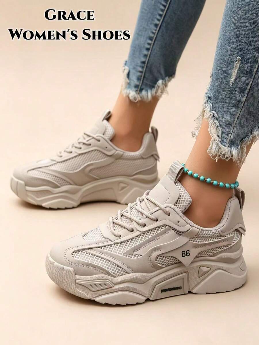 Women's Casual Retro Thick Sole Round Toe Sneakers, Suitable For Outdoor Activities, Mesh Material, Lace-Up Style, Suitable For Spring And Summer - Light Grey - View 1