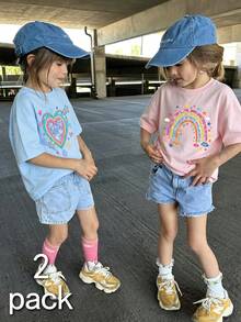 Set de 2 blusas casuales para niñas, con estampado de corazones de colores, versátil para uso diario, adecuado para la escuela, salidas y vacaciones - Multicolor - Ver 1