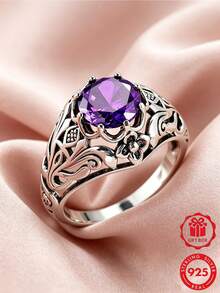 1pc 925 Sterling Silver Vintage Palace Carved Synthetic Purple Zirconia Ring, Perfect For Daily Wear And Anniversary Gift, Comes With Gift Box - Silver - View 3