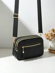 Bolso de hombro cruzado acolchado multicapa de moda para mujeres - Negro - Ver 1