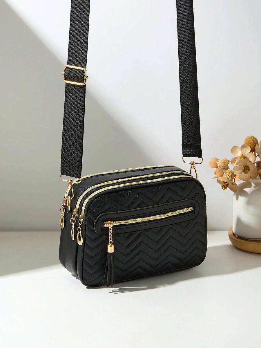 Bolso de hombro cruzado acolchado multicapa de moda para mujeres - Negro - Ver 1