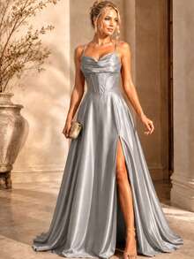 Bridesmaid Dress For Parties, Graduations, And Guests, Princess Style, Satin With A Braided Back. - Plateado - Ver 1