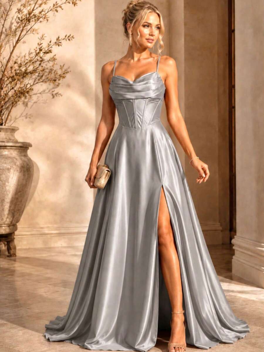 Bridesmaid Dress For Parties, Graduations, And Guests, Princess Style, Satin With A Braided Back. - Plateado - Ver 1