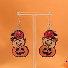 1pair Halloween Acrylic Smiling Face Pumpkin Pile Printed Drop Earrings For Women Girl For Funny Horror All Saints' Day Party Jewelry - Multicolor - View 3