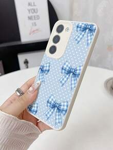 WeiMi 1pc Fashionable Personalized Blue Plaid Bowknot With Polka Dot Pattern Waterproof Anti-Drop Anti-Slip Lychee Texture Soft Phone Case Protective Cover, Suitable As Birthday Gift, Holiday Gift For Friends, Family, Couples, Yourself, Compatible With Samsung And Phones - Multicolor - View 2