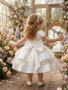 Baby Girls Sleeveless Back Bow Mesh Satin Elegant Flower Girl Dress For Party, Headband Not Included - White - View 4