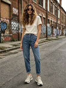 Women's High-Waisted Double-Button Cargo Jeans, 2026 New Style, Plus-Size, Slimming, Hip-Concealing, Loose Straight Leg Wide-Leg Jeans, - Blue - View 2