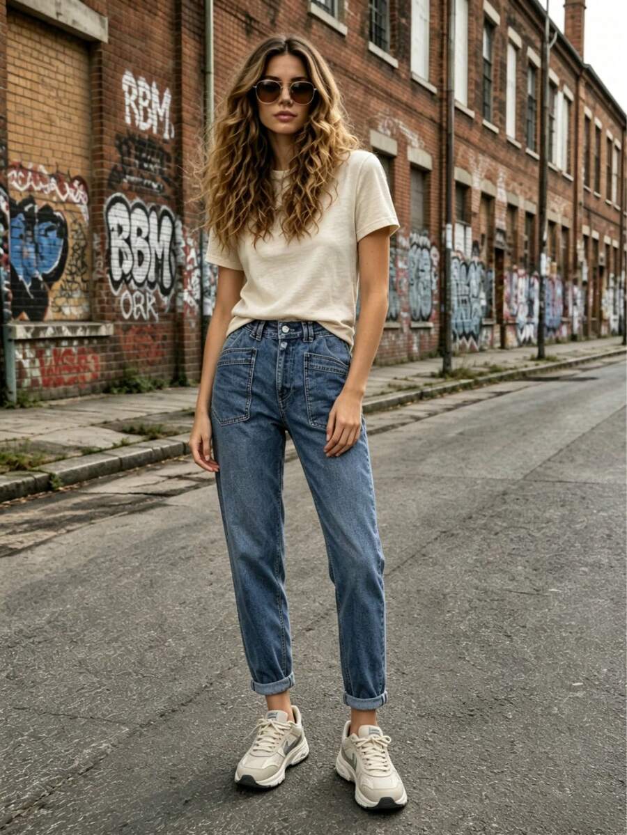 Women's High-Waisted Double-Button Cargo Jeans, 2026 New Style, Plus-Size, Slimming, Hip-Concealing, Loose Straight Leg Wide-Leg Jeans,