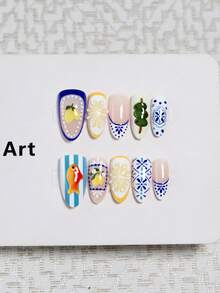 10 Stück französische mandelförmige lange Nagelaufkleber, mediterraner Urlaubsstil Nagelkunst, Amalfi Nägel, Zitrone, Vintage, inklusive 1 Jelly-Kleber und 1 Nagelfeile, geeignet für Frauen/Mädchen zum täglichen Tragen, Sommer, Press-On Nagelaufkleber, Kunstnägel, Nagelzubehör - Verschiedenfarbig - Übersicht 2