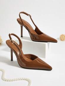 Pointed Toe Closed Toe Brown Faux Suede Minimalist Elegant Office Single Strap Buckle Slingback Stiletto High Heels - Brown - View 1