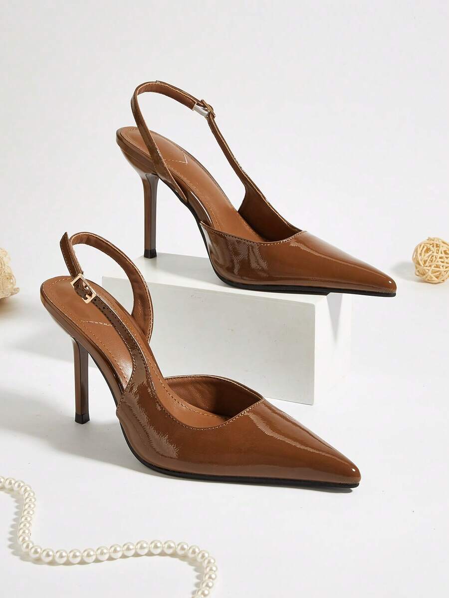 Pointed Toe Closed Toe Brown Faux Suede Minimalist Elegant Office Single Strap Buckle Slingback Stiletto High Heels - Brown - View 1