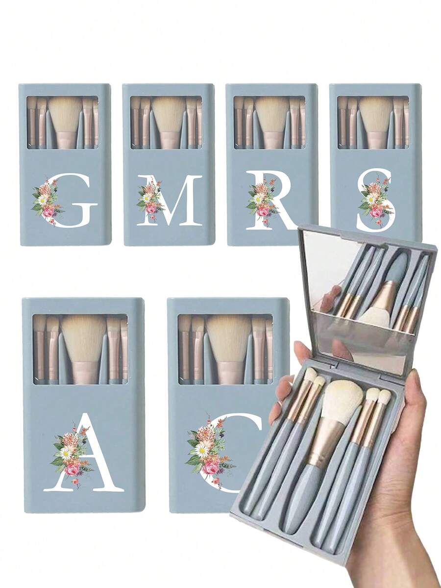 便攜式化妝刷組附鏡子，花卉印花字母 A-Z，盒裝化妝刷組，多功能化妝刷組附鏡子盒，迷你多功能化妝刷，底妝刷、眼影刷、基礎化妝工具暈染刷，化妝收納架含化妝刷，方便實用，女孩理想禮物，便攜旅行用品，旅行必需品