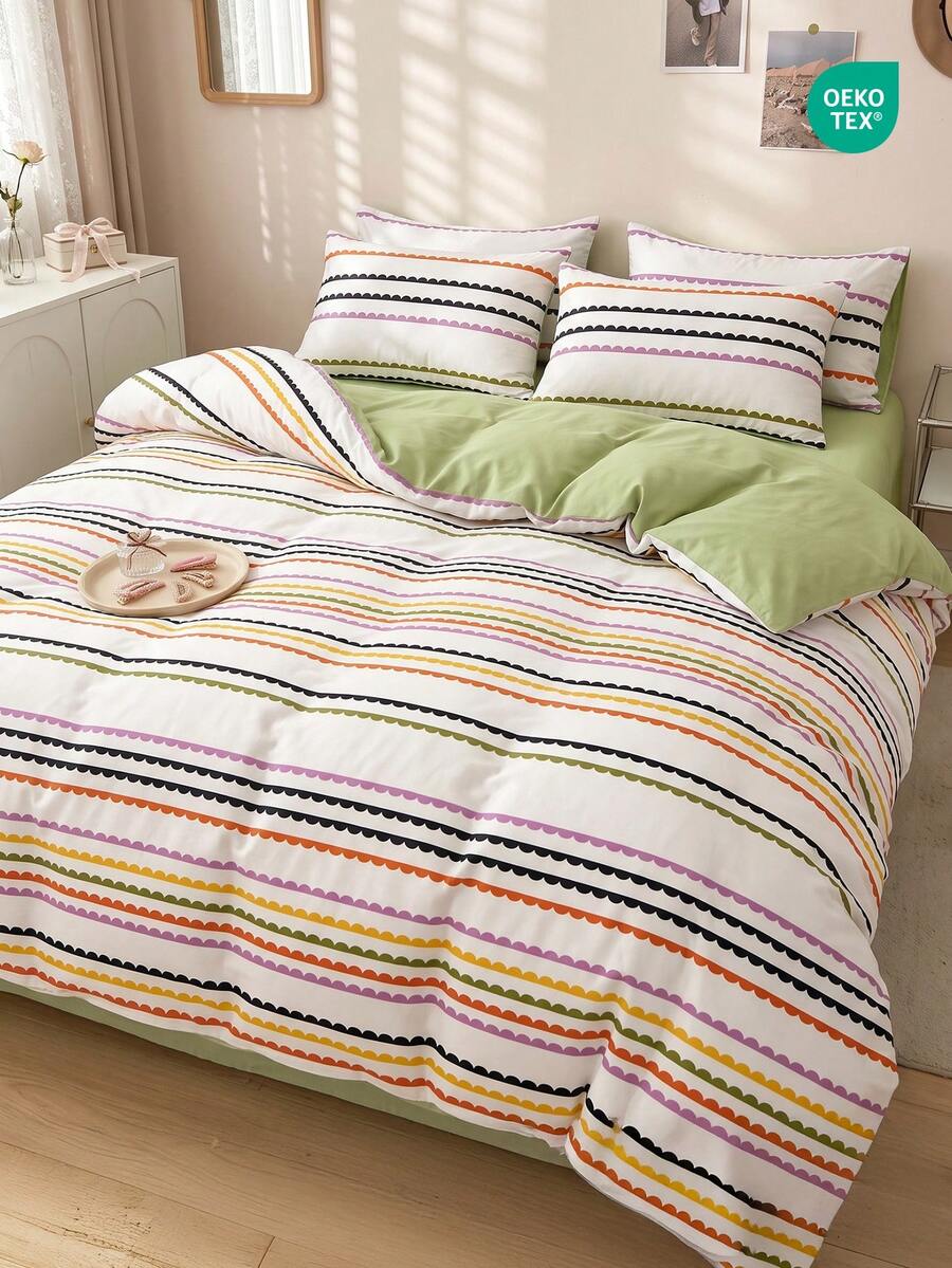 Juego de funda nórdica con patrón de rayas de 2/3 piezas, juego de funda de edredón, juego de ropa de cama, acogedor y transpirable, ligero, anti-pilling/lavable a máquina, decoración de habitación, decoración de dormitorio, ropa de cama para dormitorio, para todas las estaciones&verano, se adapta a camas individuales/dobles/queen/king, vuelta al colegio - Multicolor - Ver 1