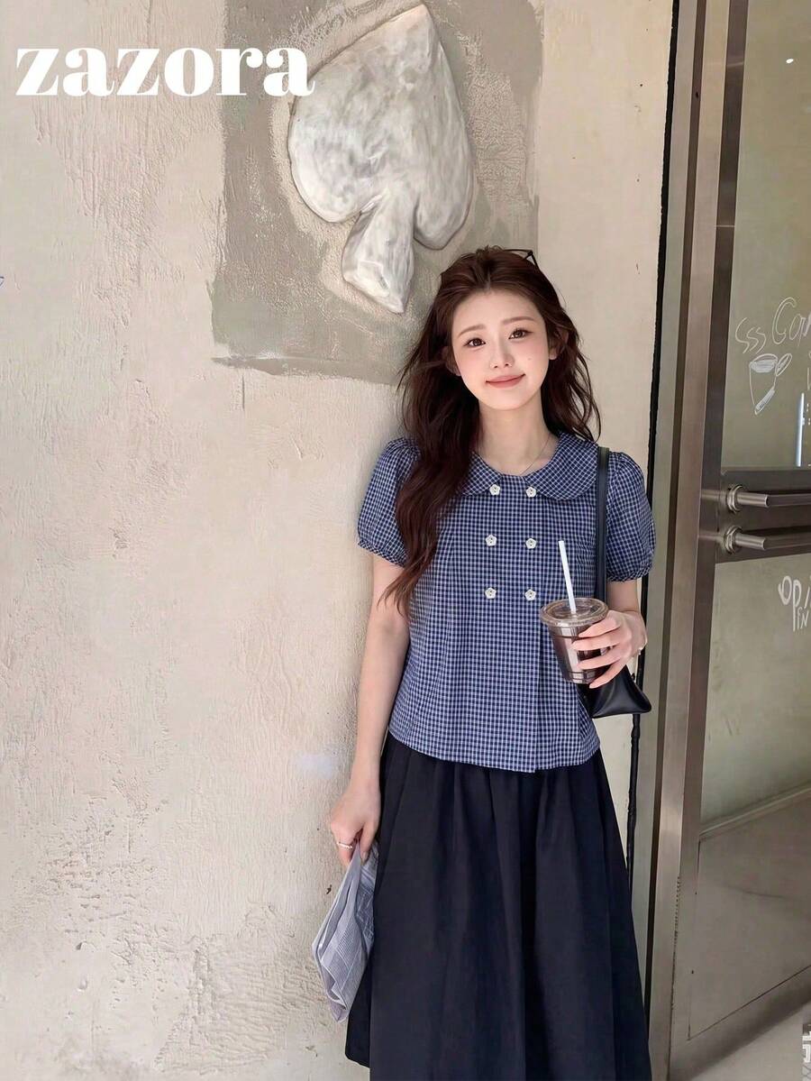 復古日系彼得潘領格紋雙排扣短袖女款夏季寬鬆娃娃襯衫輕便上衣 - 格子 - 查看 1
