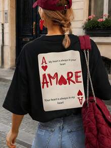 ZZG Es Trus 夏季女款趣味「紅心 A 與 Amore」圖案印花街頭風，小眾龐克風黑色寬鬆大尺碼圓領短版休閒上衣 - 黑色 - 查看 2