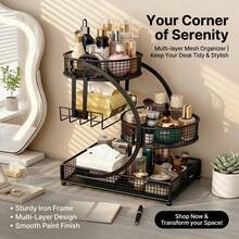 Three-Tier Lightweight Metal Cosmetic Organizer With Round Basket | Rust-Proof, Space-Saving Vanity Storage For Lipsticks, Perfumes, Skincare. Ideal Gift For Women/Girls, Durable Stylish Metal Finish For Bathroom Countertop, Perfume Display. - View 1