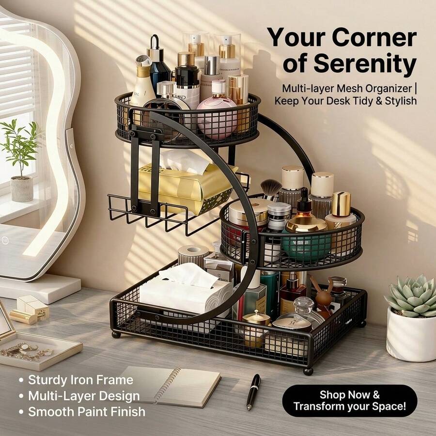 Three-Tier Lightweight Metal Cosmetic Organizer With Round Basket | Rust-Proof, Space-Saving Vanity Storage For Lipsticks, Perfumes, Skincare. Ideal Gift For Women/Girls, Durable Stylish Metal Finish For Bathroom Countertop, Perfume Display. - View 1
