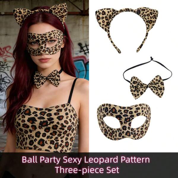 3 peças/Conjunto Tiara com Estampa de Leopardo & Máscara de Meia Face, Adereços de Decoração de Festa de Fantasia Sexy para Mulheres, Adereços de Fantasia de Role Play Divertido, Halloween, Carnaval, Fantasia Sexy Unissex