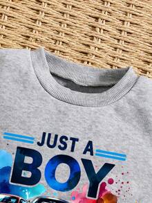 Boys' Car Print Warm Crew Neck Sweatshirt And Sweatpants - Grey - View 3