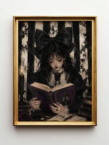 1 Stück Leinwand Wandkunst, gerahmte Wanddekoration, Dark Academia Gothic Lolita Mädchen beim Lesen Leinwandgemälde Vintage Ölgemälde, atmosphärisches schwarzes Rosen-Kerzen-gestreifter Hintergrund ungerahmtes Poster, ästhetischer dekorativer Wanddruck, geeignet für moderne Heimdekoration, Raumdekoration, Wohnheimdekoration, Schlafzimmerdekoration, Wohnzimmerdekoration, Badezimmerdekoration, Küchendekoration - Lesendes Mädchen - Übersicht 6