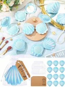 3/12/18pcs Blue Shell Air Cushion Comb Gift Bag Set, Includes Shell Mirror Comb + Organza Bag + Thank You Card, Compact Foldable Mirror Comb, Suitable For Weddings, Holiday Events, Birthdays, Theme Parties, Gatherings, Souvenirs, Scene Atmosphere Decoration - Multicolor - View 1