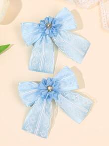 2 Stücke blaue Spitzen-Schleifen-Haarspangen für Mädchen, mit Blumen & Strass verzierte Haarspangen, exquisite kurze Krokodil-Clips, süß, niedlich, Prinzessin, Mode, minimalistische Haarspangen, Hochzeit, Alltag, Geschenk Haarspangen, Teenager Haaraccessoires - Blau - Übersicht 2