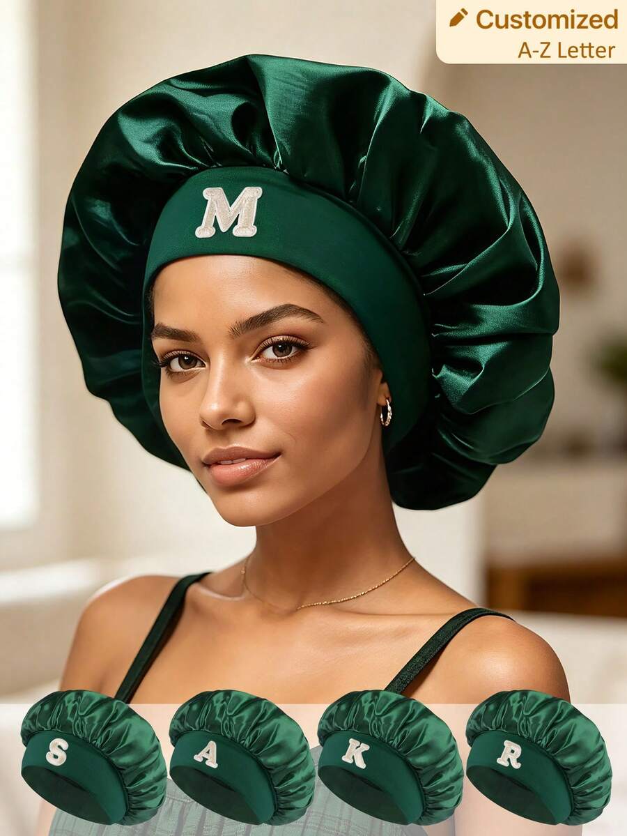 1 pieza Gorro de dormir de satén para mujer con letra personalizada 'A-Z' - Gorro elástico suave para cabello rizado & trenzado, sombrero de playa de verano & accesorio de ropa de dormir - Multicolor - Ver 1