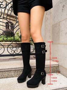 Women Knee High Boots Pull On Buckle Strap Block Heel Round Toe - Black - View 10