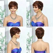 Lolely Dream Women's Short Layered Pixie Cut Wig 4# Chocolate Hair Bangs Style Glueless Full Machine Made - S4 - View 4