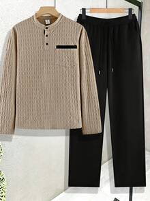 Men's Autumn 2 Pieces Set Geometric Pattern Textured Stand Collar Single Pocket Long Sleeve Pullover Sweatshirt And Solid Color Casual Long Sweatpants - Apricot - View 3