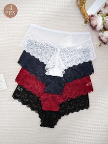 4pcs/Pack Women's Sexy Lace Patchwork Comfortable Boxer Briefs - Multicolor - View 1