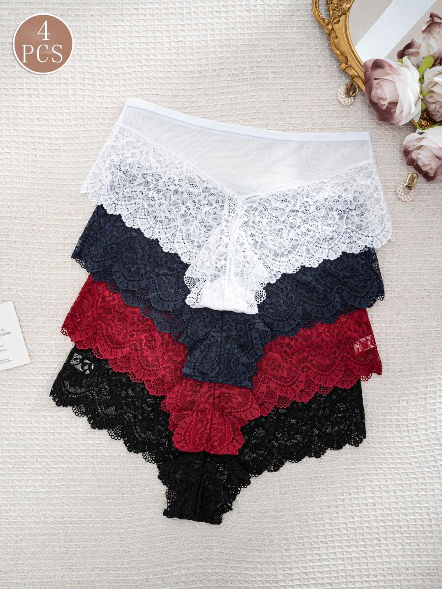 4pcs/Pack Women's Sexy Lace Patchwork Comfortable Boxer Briefs - Multicolor - View 1