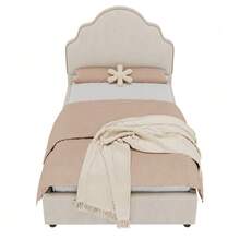 Upholstered Bed, Single Bed, Children's Bed 90 X 200 Cm, Bed With Upholstered Headboard, Linen, Beige - Beige - View 8
