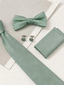 4pcs Mint Green Solid Color Textured Tie, Bow Tie, Cufflinks, Pocket Square Business Banquet Men's Formal Suit Accessories Set - Mint Green - View 1