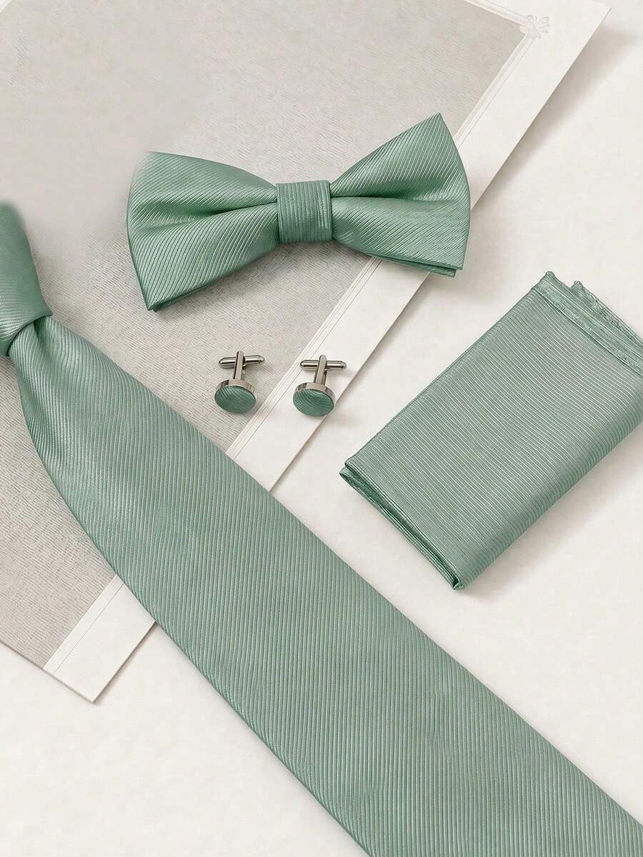 4pcs Mint Green Solid Color Textured Tie, Bow Tie, Cufflinks, Pocket Square Business Banquet Men's Formal Suit Accessories Set - Mint Green - View 1