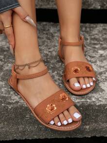 Women's Round Toe Fabric Beaded 3D Sequin Floral Back Elastic Band Flat Sandals, Casual Home Fashion Elegant - Brown - View 2