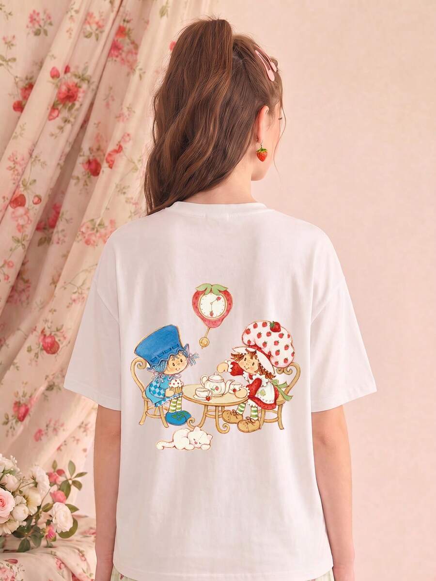 SHEIN X Strawberry Shortcake Women's Summer T-Shirt, Cute Tea Party Print Loose Casual Style, Suitable For Daily Wear And Sweet Girl Style White - White - View 1