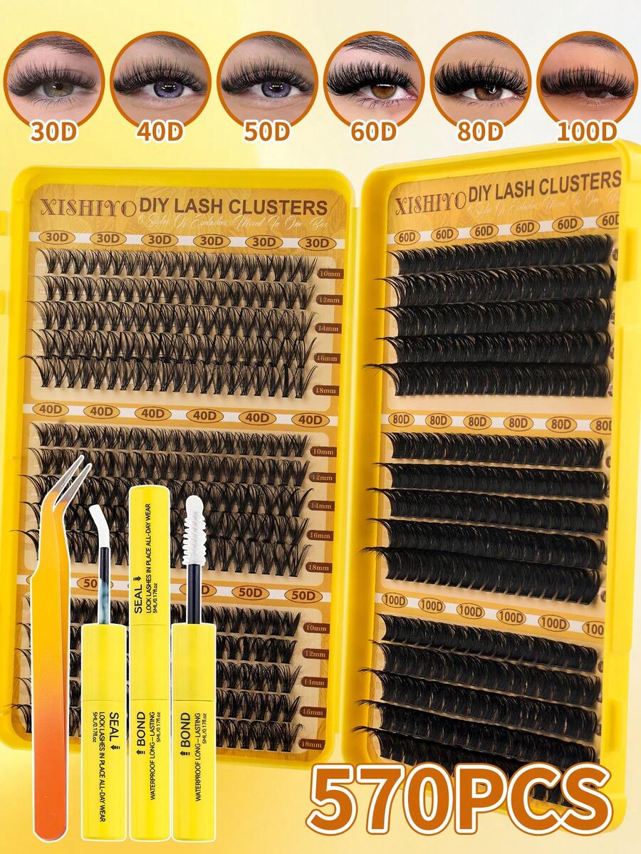570pcs D-Curl Single-Strand False Eyelashes, Large Capacity, Create Voluminous Fluffy Natural Eye Makeup, Suitable For Home DIY, Beginners And Professional Makeup Artists, Soft And Long-Lasting, Single-Cluster Eyelash Set, Includes Glue And Sealer; Voluminous Clustered Eyelashes Are The First Choice For Creating Fox Eye And Cat Eye Makeup