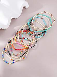 Juego de 12 piezas de pulseras elásticas apilables de varias capas con cuentas pequeñas de colores mixtos hechas a mano, accesorios de joyería para vacaciones y fiestas de mujeres - Multicolor - Ver 4