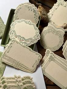 30pcs Vintage Embossed Thick Kraft Paper Memo Pads, Floral Bow Frame Message Paper, INS Style Embossed Printed Thick Kraft Paper Memo, Writable Memo Cards, Suitable For Handmade Paper, Price Tags, Wedding Gift Planner Decoration, Back To School - A - View 2